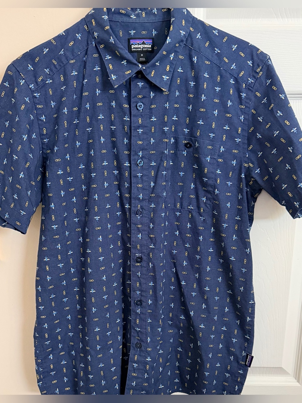 Patagonia Navy Short-Sleeve Button-Down with Micro Print